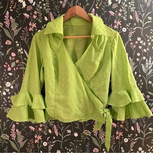 Women’s vintage 90s y2k Lime Green Wrap Blouse with Ruffled Sleeves